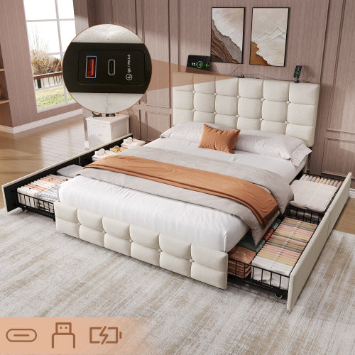 UK Local 4ft6 Double Upholstered Bed With 4 Storage Drawers, Velvet Bed Frame With Charging Station. Adjustable Button Tufted Headboard With USB And Type - C Ports, No Box Spring Needed, Grey No Mattress
