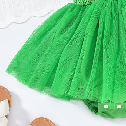 US Local Baby Girl's Clover Embroidered Dress & Headband Set, Sleeveless Ruffle Romper With Tulle Skirt