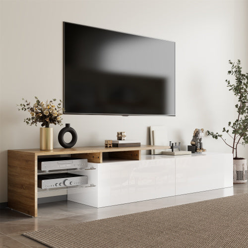 UK Local Modern TV Cabinet Design Stylish And Elegant, Practical Storage Space, Black And Wood Look, Glass Shelves, LED Lighting