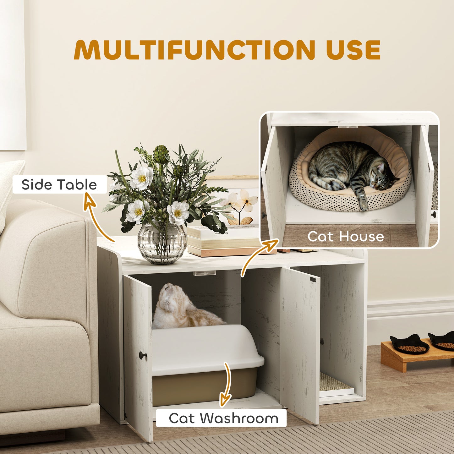 US Local 32 Cat Litter Box Enclosure With Scratching Mat, Cat Entrance, Fit Most Of Cat And Litter Box, Distressed White