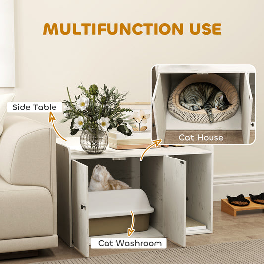 US Local 32 Cat Litter Box Enclosure With Scratching Mat, Cat Entrance, Fit Most Of Cat And Litter Box, Distressed White