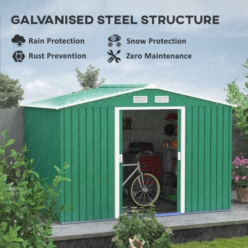 UK Local Outsunny 9 X 6ft Metal Garden Shed, Outdoor Storage Tool House With Ventilation Slots, Foundation Kit And Lockable Double Doors, Green