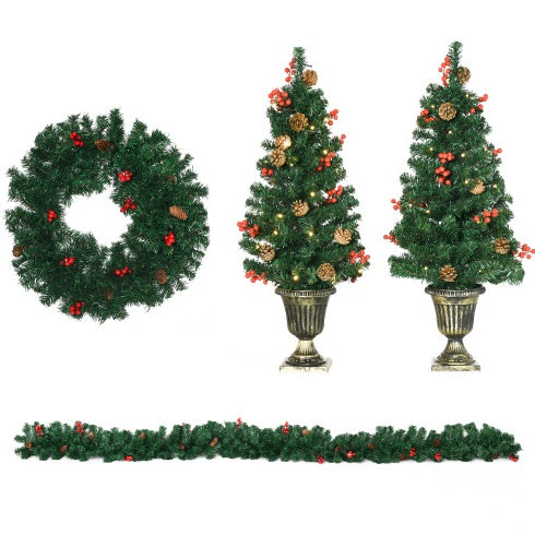 US Local HOMCOM Prelit Holiday Christmas 4-Piece Set, Garland Wreath And Set Of 2 Entrance Trees With Warm White LED Lights, Red Berries, Pine Cones, Green