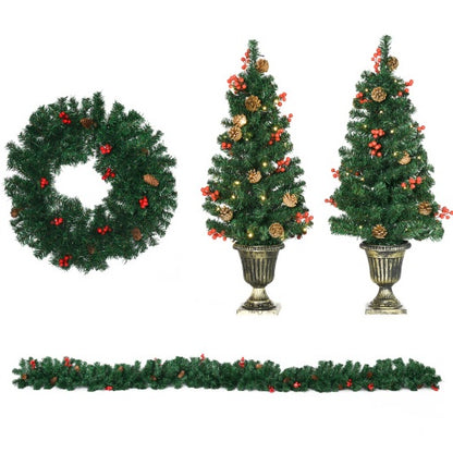 US Local HOMCOM Prelit Holiday Christmas 4-Piece Set, Garland Wreath And Set Of 2 Entrance Trees With Warm White LED Lights, Red Berries, Pine Cones, Green