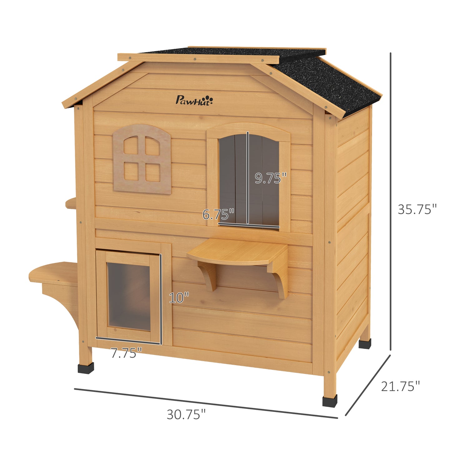 US Local 2-Story Wooden Outdoor Cat House Feral Shelter With Escape Door Asphalt Roof 4 Platforms Natural