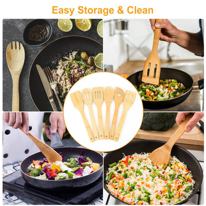 US Local Set Of 6Pcs Cooking Utensil Bamboo Wooden Spoons Spatula Kitchen Cooking Tools Nonstick Wooden Cookware Kitchen Gadgets