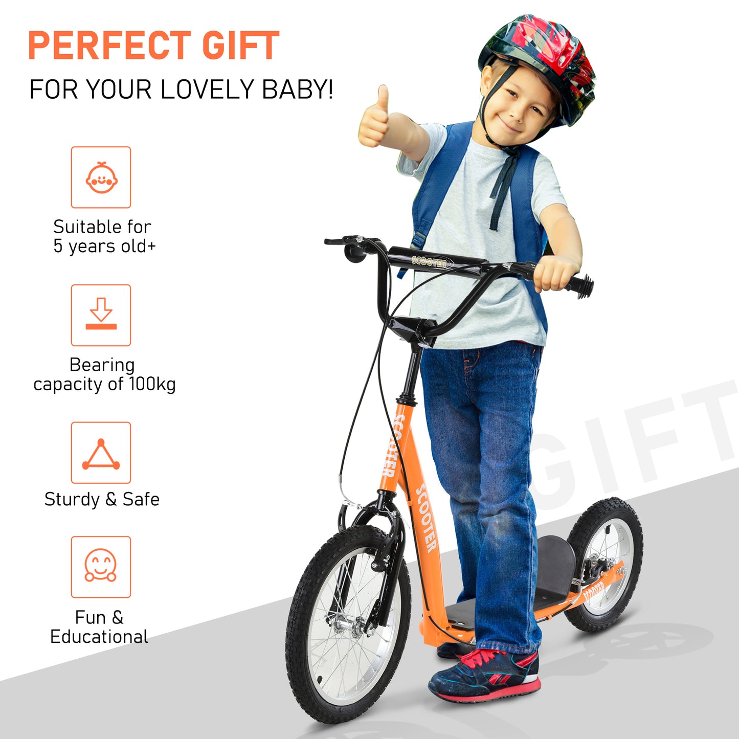 US Local Youth Scooter Kick Scooter for Kids 5+ with Adjustable Handlebar 16" Front and 12" Rear Dual Brakes Inflatable Wheels