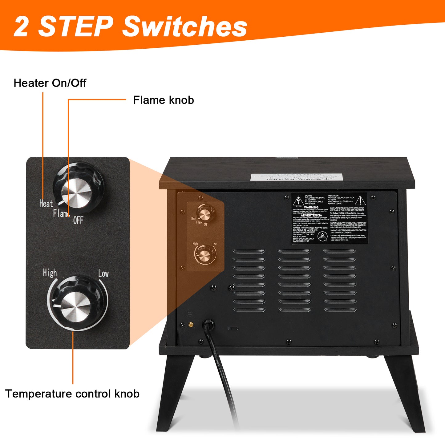 US Local ZOKOP HT1287B 120V 1000W 15in Fireplace Black Wood Free-standing - Quartz Tube - 2nd Gear Temperature Control - With Fake Firewood  - Single Color