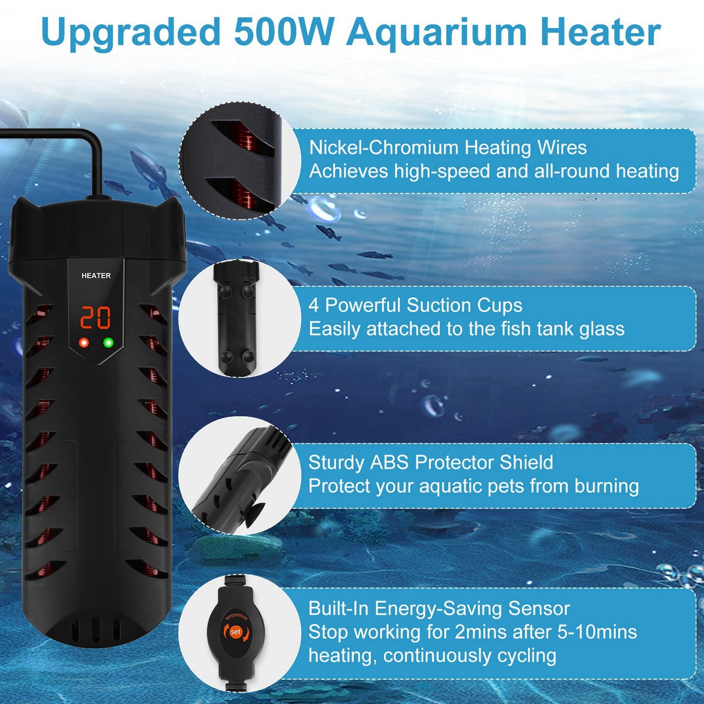 US Local 500W Submersible Aquarium Heater Temperature Adjustable External Controller 79Gal Fish Tank Heater Aquarium Thermostat Heater For Freshwater Saltwater
