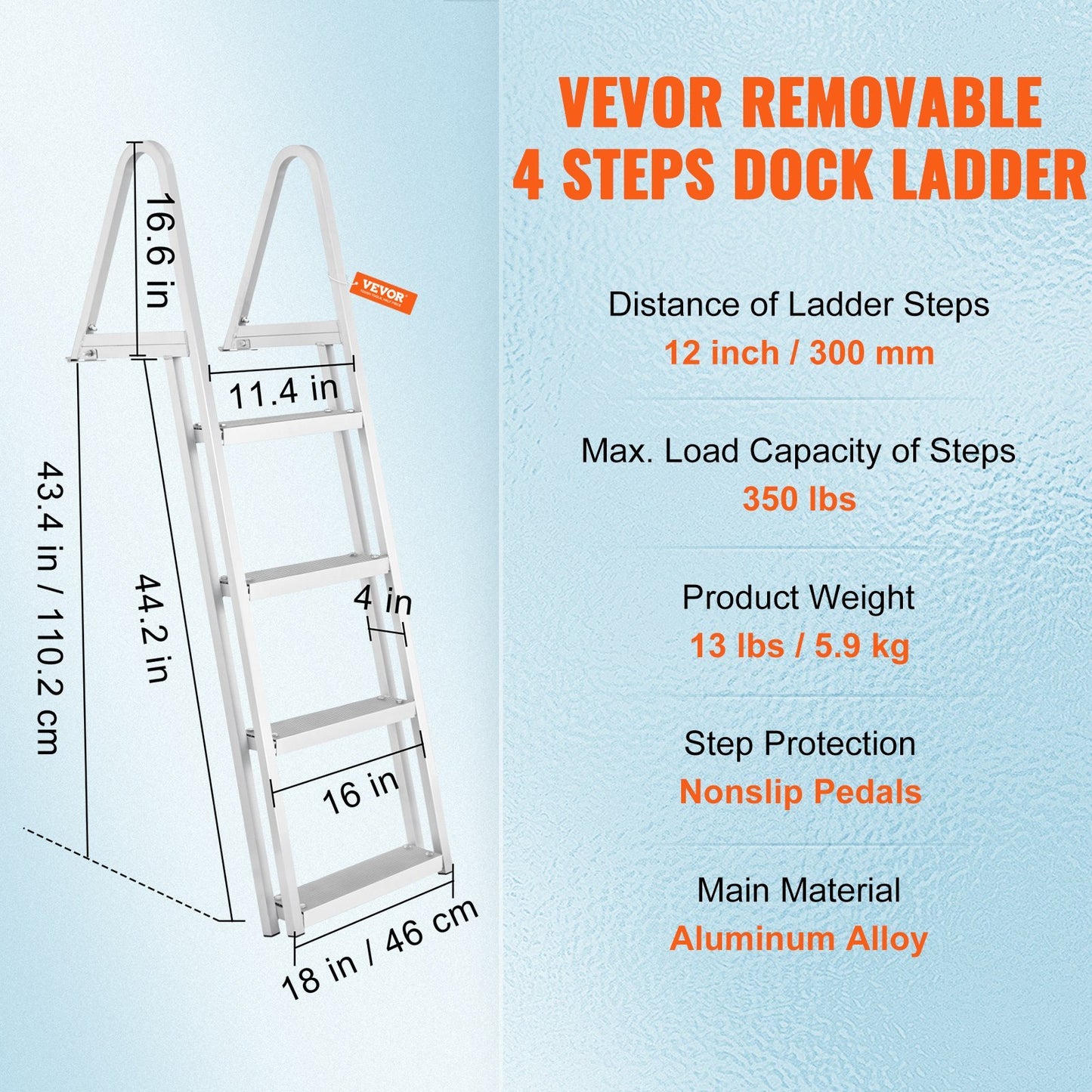 VEVOR Dock Ladder, Removable 4 Steps, 350 Lbs Load Capacity, Aluminum Alloy Pontoon Boat Ladder With Wide Step & Nonslip Rubber Mat, Easy To Install For Ship Lake Pool Marine Boarding