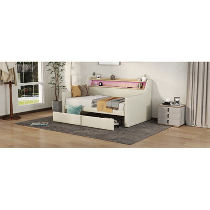 US Local Twin Size Daybed With Storage Drawers, Upholstered Daybed With Charging Station And LED Lights, Beige