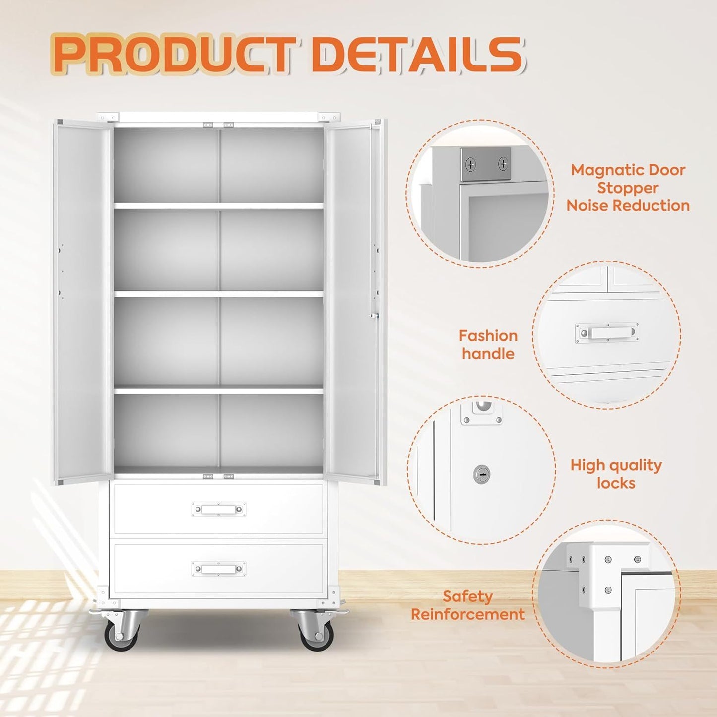 US Local Rolling Storage Cabinet With 2 Doors And 2 Drawers, Metal Storage Cabinet With Doors And Shelves, Locking Steel Cabinet For Warehouse, Home, Office White