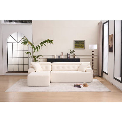 US Local LY-029B WHITE COMPRESSION SOFA Combining Chaise Longue With 3-seater  Wood Grain Chenille Fabric, Full Sponge Compression Sofa,combined Sofa With 2 Pillows For Living Home Furniture