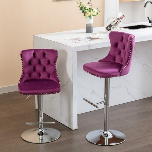 US Local Swivel Velvet Barstools Adjusatble Seat Height From 25-33 Inch Purple,Set Of 2