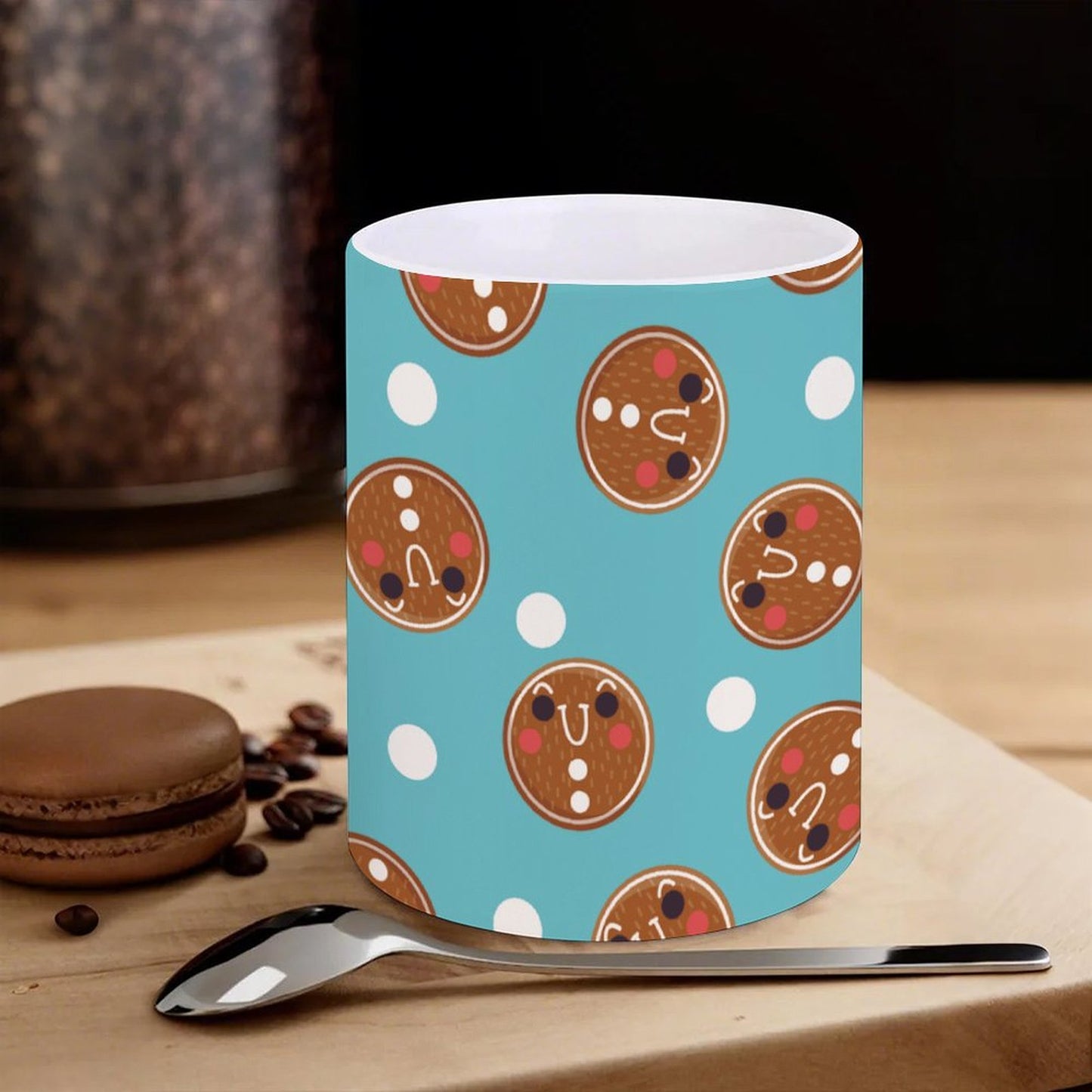 POD US Local White mug with full print, Christmas Gingerbread Man Circle Blue 0069
