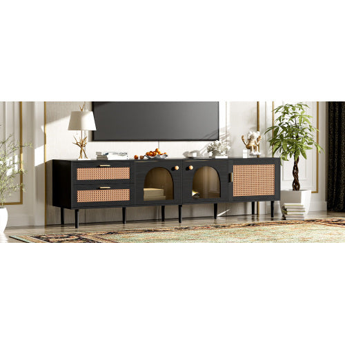 US Local Rattan TV Stand With 3 Cabinets & 2 Drawers, Rattan-inspired Media Console Table For TVs Up To 80'', LED Light Entertainment Center, TV Cabinet For Living Room, Bedroom, Home Theatre