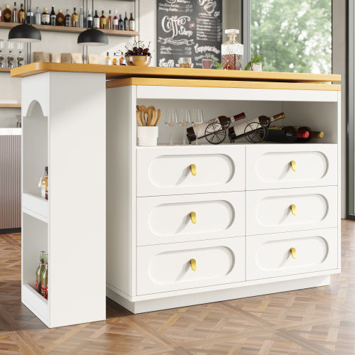UK Local 360 Rotating Bar Table Main Body 137 X 39 X 90 Cm, Coffee Bar Furniture, Rotating Dining Bar With Storage, Kitchen Island, With Spice Rack, Six Drawers, Open Storage Space, White