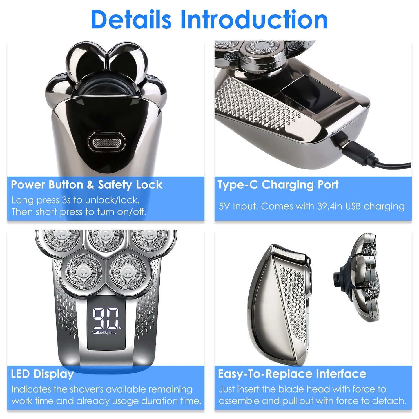 US Local 1Pc Head Shavers For Bald Men 5 In 1 7D Electric Rotary Razor Rechargeable Cordless Head Beard Trimmer Shaver Kit IPX6 Waterproof Dry Wet Grooming Kit With 3 Combs