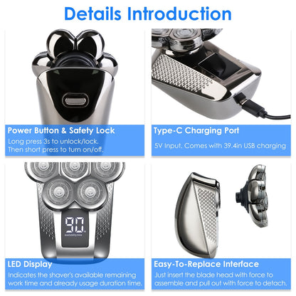 US Local 1Pc Head Shavers For Bald Men 5 In 1 7D Electric Rotary Razor Rechargeable Cordless Head Beard Trimmer Shaver Kit IPX6 Waterproof Dry Wet Grooming Kit With 3 Combs