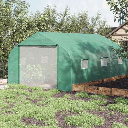 UK Local Outsunny Walk-in Polytunnel Garden Greenhouse, Outdoor Mesh Door Greenhouse With PE Cover And 6 Windows, 4.5 X 3 X 2m, Green