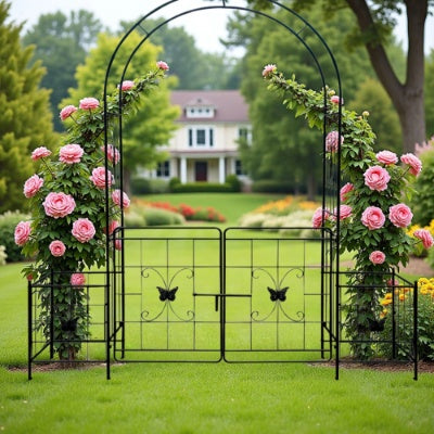 US Local Garden Arch Arbor Trellis For Climbing Plants With Gate, Durable Metal Garden Arch Outdoor Wedding Arch, For Wedding Ceremony Party Plant Climbing Rose Vines Lawn Courtyard Patio Black, 7.15ft