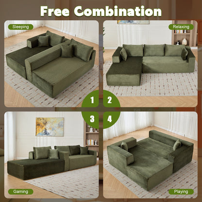 US Local L-Shaped Compression Sofa Bed With Corduroy Fabric - Convertible Sectional Sofa, Foldable Floor Couch Sleeper, Space-Saving Flannel-Like Lounge For Small Apartments, Living Room & Game Room NO TUME
