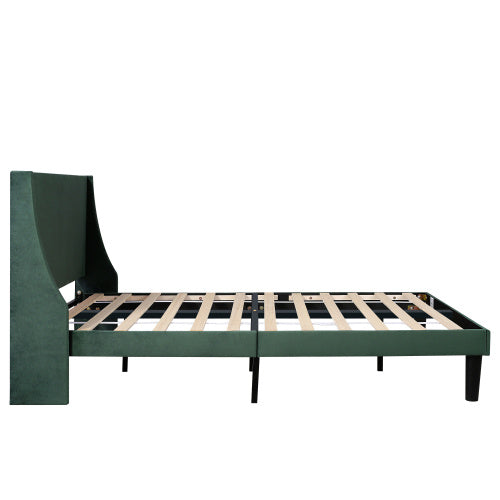 UK Local Double Bed Velvet Dark Green 4FT6 Upholstered Bed With Winged Headboard, Wood Slat Support