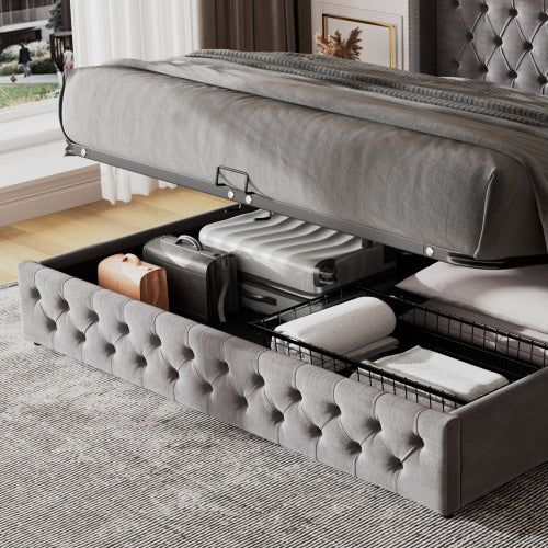 UK Local Upholstered Bed, With Hydraulic Lever, Functional Bed From Storage, 150 X 200 Cm, Without Mattress, Velvet, Gray