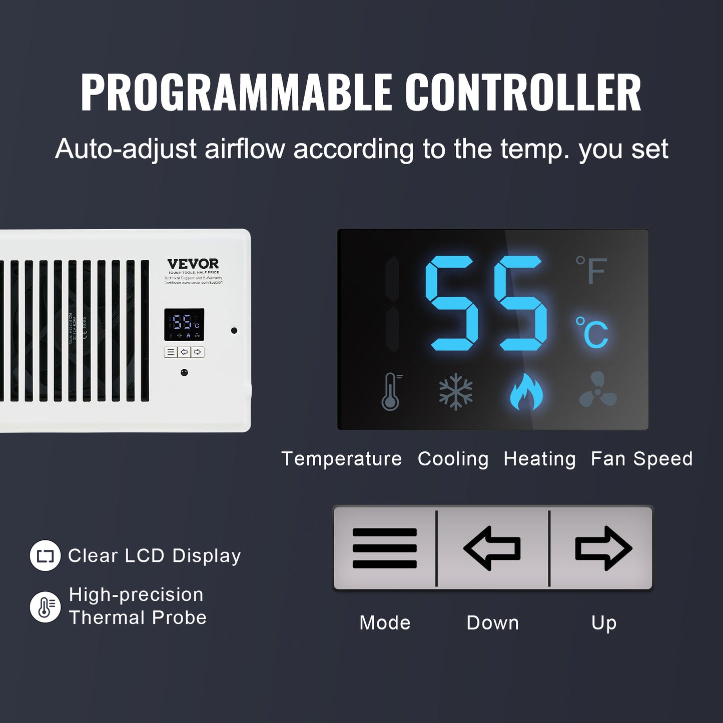 US Local VEVOR Register Booster Fan, Quiet Vent Booster Fan Fits Register Holes, With Remote Control And Thermostat Control, Adjustable Speed For Heating Cooling Smart Vent, White