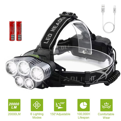 US Local Rechargeable Headlamp 20000 Lumen LED Headlight 6 Modes Headlamp Flashlight For Camping Cycling Hiking Hunting Emergency