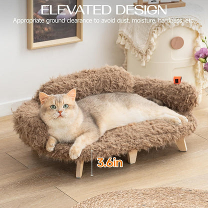 MEWOOFUN Elevated Cat Bed With Washable Cover - 26x18.3x8.5 Inch Wooden Pet Sofa For Cats & Small Medium Dogs, Modern Pet Furniture Brown