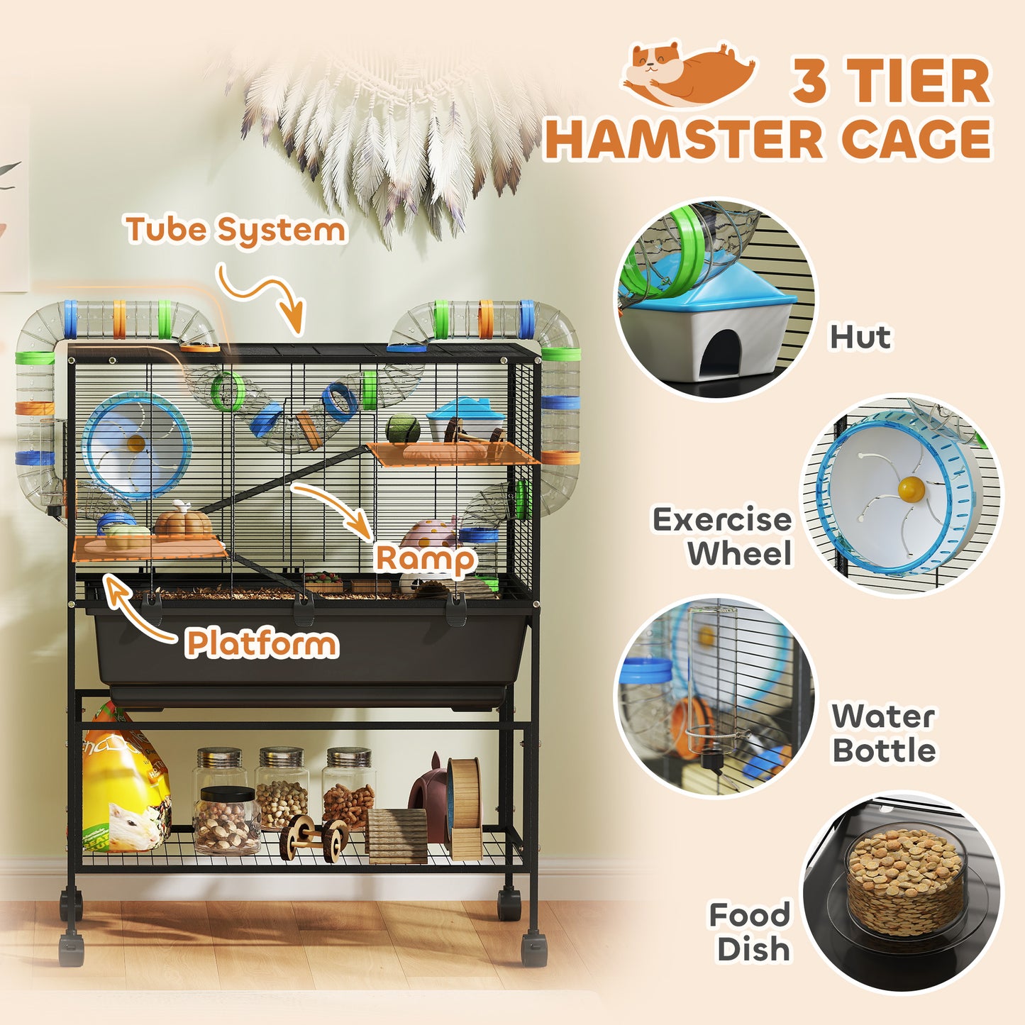 US Local 3 Tier Hamster Cage, Rolling Rat Cage With Deep Tray, Storage Shelf, Big Exercise Wheel, Hut, Tube System