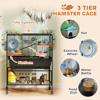 US Local 3 Tier Hamster Cage, Rolling Rat Cage With Deep Tray, Storage Shelf, Big Exercise Wheel, Hut, Tube System