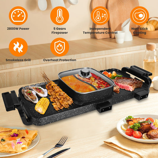 US Local 2 In 1 Electric Hot Pot With Grill 2800W Smokeless Non-Stick Korean BBQ Grill Shabu Shabu Hot Pot Combo With Independent Temperature Control 5 Gears Firepower For 3-10 People