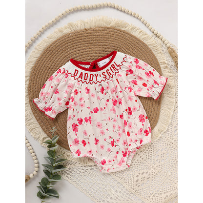 US Local Infant Girls' Floral Smocked Romper 'DADDY'S Girl' Embroidery Short Sleeve Crew Neck Adorable Princess Party Bodysuit
