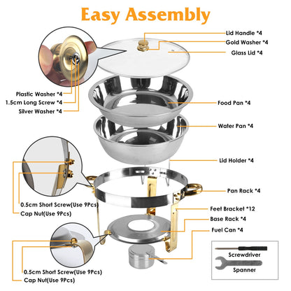US Local 4 Pcs Chafing Dish Buffet Set 4.76QT Round Buffet Servers Food Warmer Stainless Steel Catering Chafer With Glass Lid For Warming Cooling Gatherings Banquets Buffets Party Wedding
