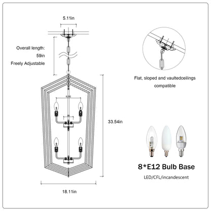 US Local 8-Light Lantern Tired Farmhouse Ceiling Hanging Light Black Chandelier Metal Modern Pendant Light Fixtures For Kitchen Island Dining Room Living Room Foyer Entryway E12 Bulbs Not Included