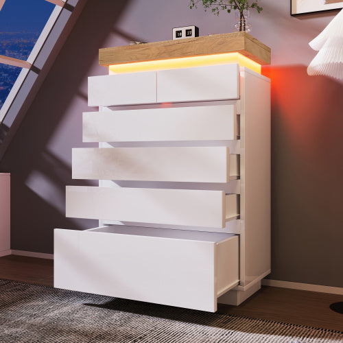 UK Local Chest Of Drawers,High-gloss Sideboard Cabinet With 6 Drawers,Storage With RGB LED App-controlled,Multi-purpose Cabinet For Living Room And Bedroom, 115 X 73 X 39 Cm, White
