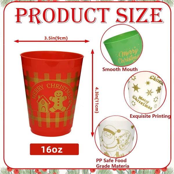 US Local 12 Pcs Christmas Plastic Tumblers Gingerbread Man Santa Reindeer Pattern 16 Oz Reusable Drink Cups Cute Beverage Cups For Beer Coffee Tea Xmas Holiday Party Supplies