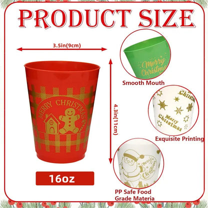 US Local 12 Pcs Christmas Plastic Tumblers Gingerbread Man Santa Reindeer Pattern 16 Oz Reusable Drink Cups Cute Beverage Cups For Beer Coffee Tea Xmas Holiday Party Supplies