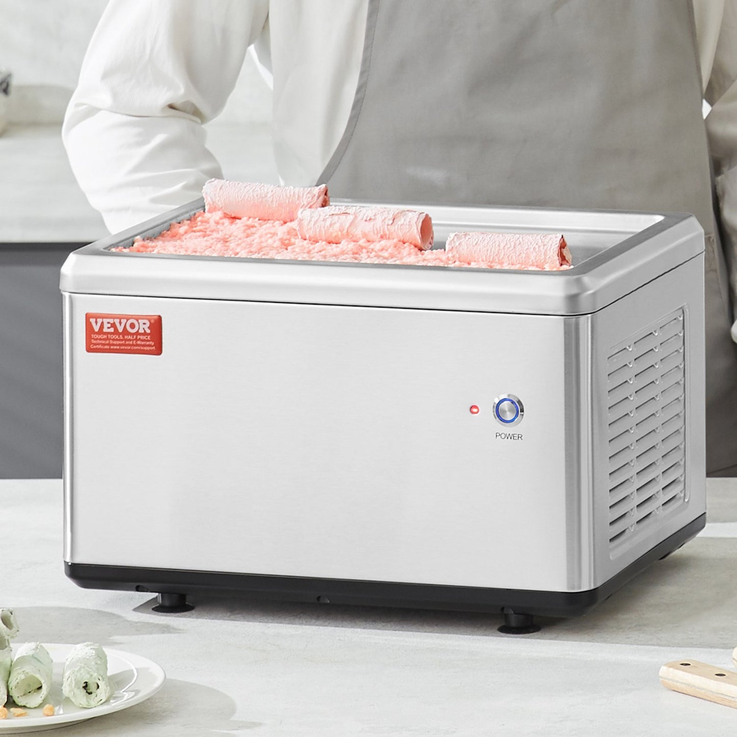 US Local Fried Ice Cream Roll Machine, 19.3" X 14.9" Stir-Fried Ice Cream Pan, Stainless Steel Rolled Ice Cream Maker With Compressor And 2 Scrapers, For Making Ice Cream, Frozen Yogurt, Ice Cream Rolls