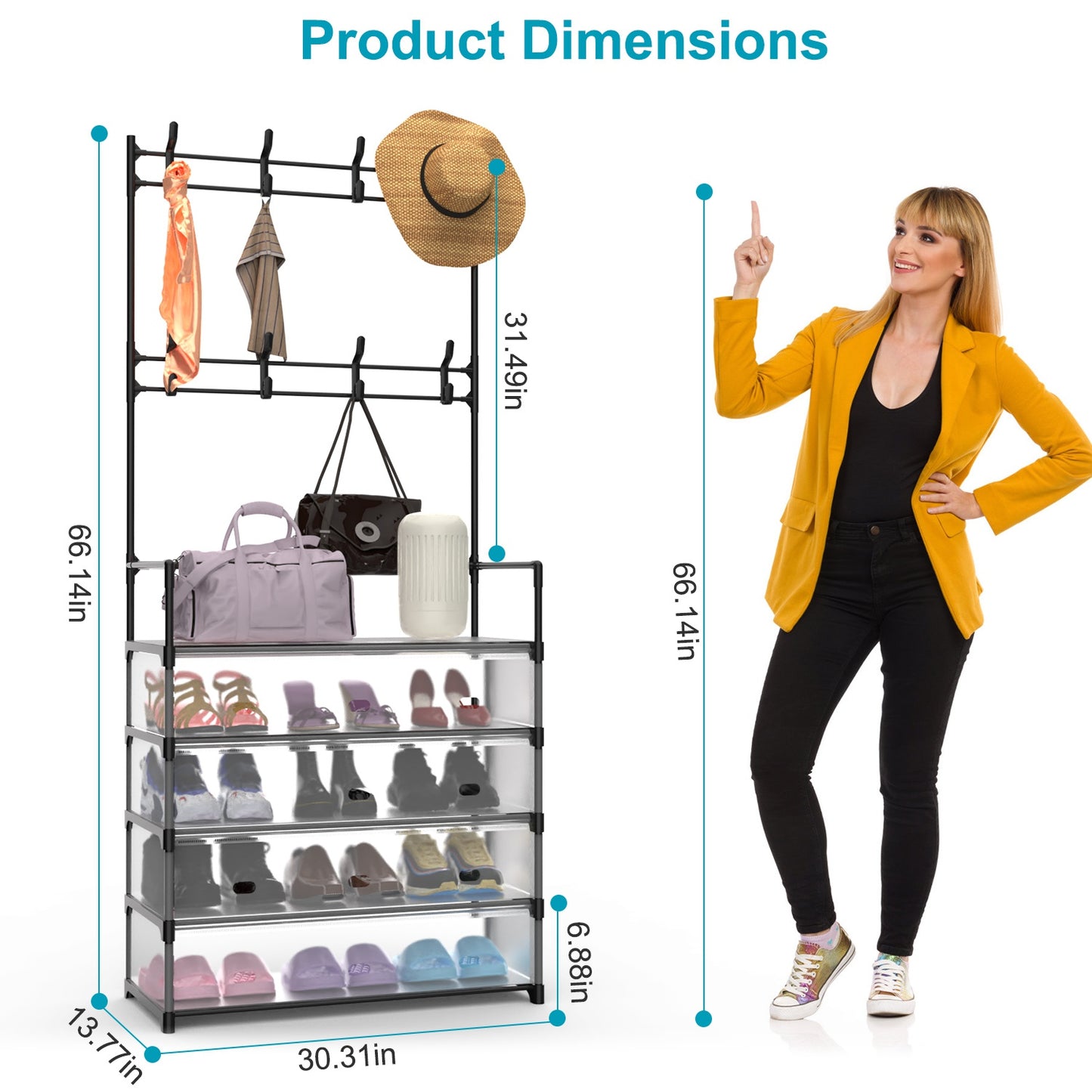 US Local 1Pc 5Tier Dustproof Entryway Hall Tree Coat Rack Shoe Rack With 8 Removable Hooks Freestanding Shoe Storage Shelf Hat Clothes Organizer For Front Door Bedroom Entryway