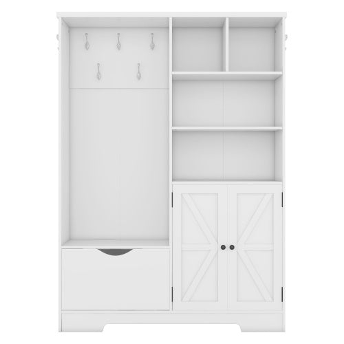 US Local Multi-functional Hall Tree With Storage Shelves Drawers And Cabinet, Elegant Hallway Shoe Cabinet With Bench, Modern Coat Rack With Hooks For Hallway Entryways