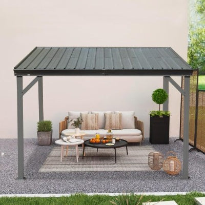 US Local 8x10 Lean To Gazebo With Upgraded Drainage System, Wall Mounted Gazebo Hardtop Galvanized Steel Sloping Roof For Patio Deck Lawn Party Gray