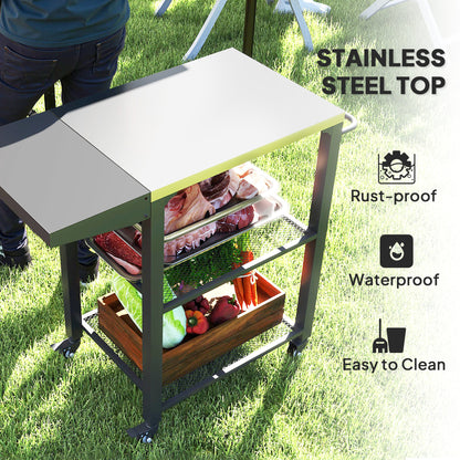 US Local Three-Shelf Outdoor Grill Cart Table With Foldable Side Table, Stainless Steel Top Pizza Oven Stand With Hooks, Silver