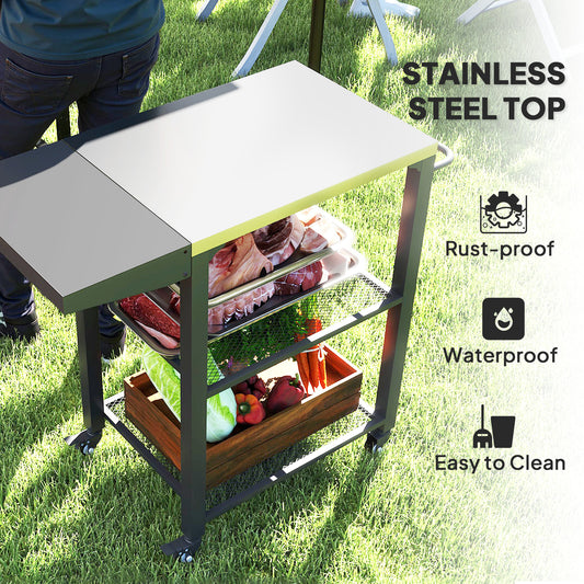 US Local Three-Shelf Outdoor Grill Cart Table With Foldable Side Table, Stainless Steel Top Pizza Oven Stand With Hooks, Silver