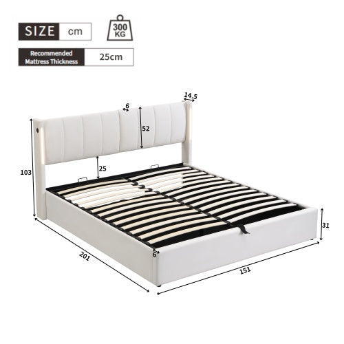 UK Local LED Upholstered Bed ,King Size Bed-5ft150x200cm, Hydraulic Bed, Rechargeable USB Port In Bed, With LED Lighting, With Storage Space, Adjustable Headboard, PU , White