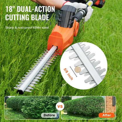 US Local VEVOR 20V Cordless Hedge Trimmer, 18 Inch Double-edged Steel Blade, Pole Hedge Trimmer Kit 20V Battery, Fast Charger Included, Telescoping Design For High Branches