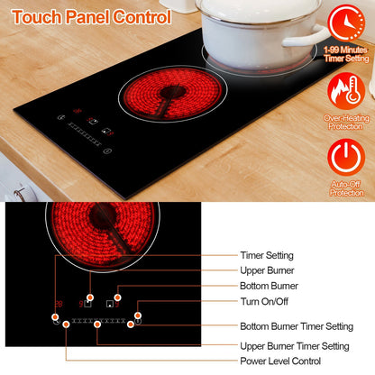 US Local 1Pc Dual Induction Burners Electric Cooktop 110V Total 1900W Electric Stove Built In Electric Ceramic Stove With Timer Setting 9 Firepower Levels Over Heating Protection