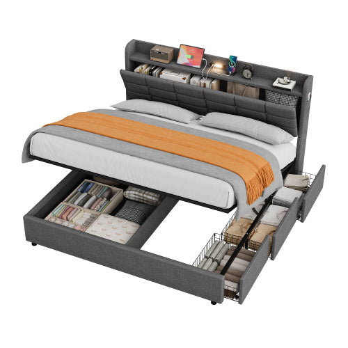UK Local 5ft King Bed Frame With Hydraulic Storage, Linen Upholstered Bed With Concealed Headboard Storage And Drawers, Button Tufted Headboard With Charging Station And LED Night Light, Grey